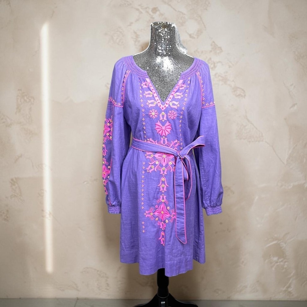Lilly Pulitzer Embroidered Cotton Peasant Dress Purple Pink Boho Size 8 Cottage